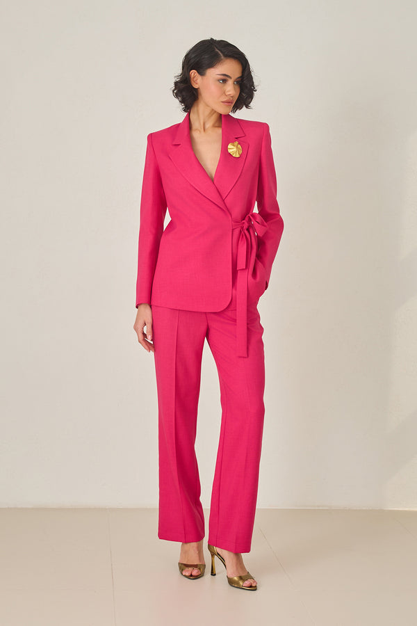 Setre Collar Brooch And Tie Detailed Jacket And Trouser Suit Fuchsia