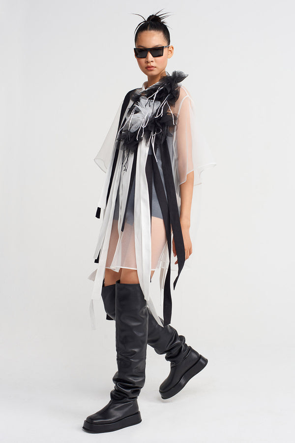 Nu Striped And Floral Detailed Organza Shirt Off White/Black