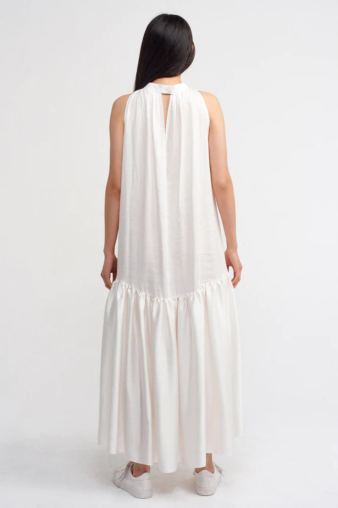 Nu Linen Mix Satin Halter Dress Off White