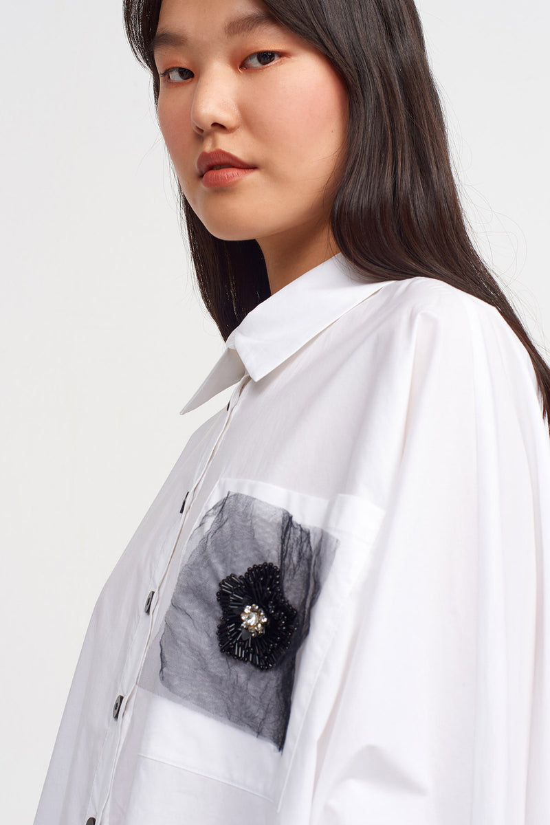 Nu Elegant Shirt With Embellished Pocket Off White