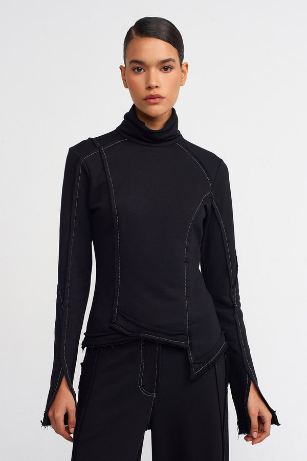 Nu High-Neck Bodysuit With Contrast Stitching Detail Beige - Black
