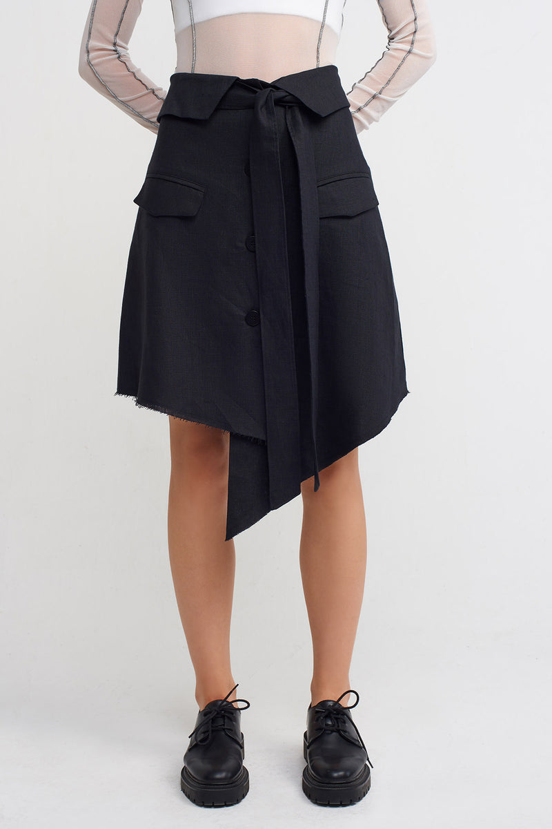 Nu Front-Tie Asymmetric Linen Skirt Black