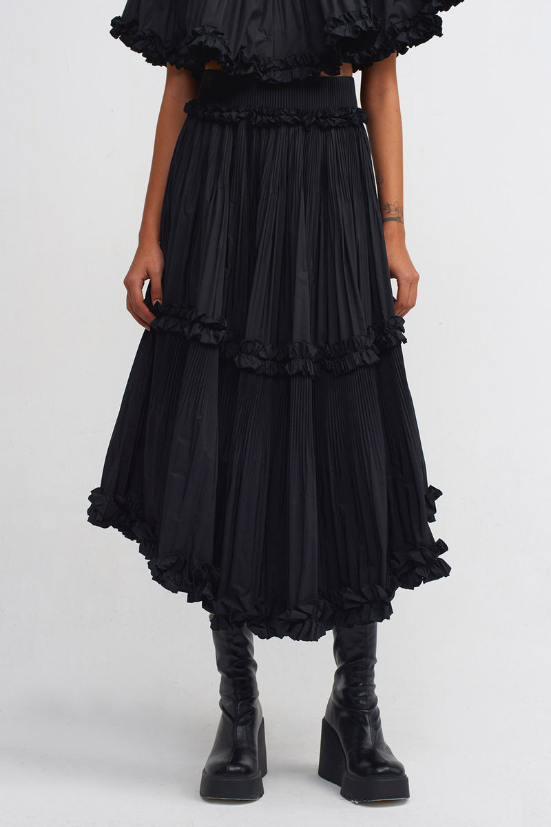 Nu Asymmetric Stitched Pleated Taffeta Skirt Black