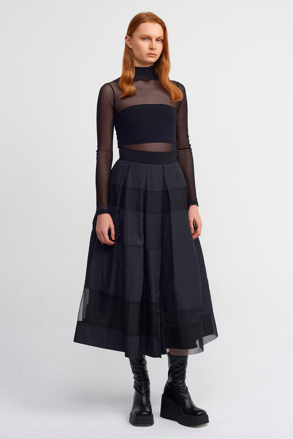 Nu Taffeta And Organza Ribbon Pleated Midi Skirt Black