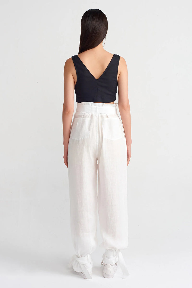 Nu Cuffed Tie Detail Linen Jogger Trouser Off White