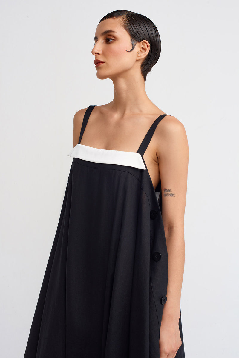 Nu Thick Strap, Long Linen Dress Black/Offwhite
