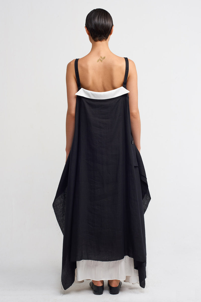 Nu Thick Strap, Long Linen Dress Black/Offwhite