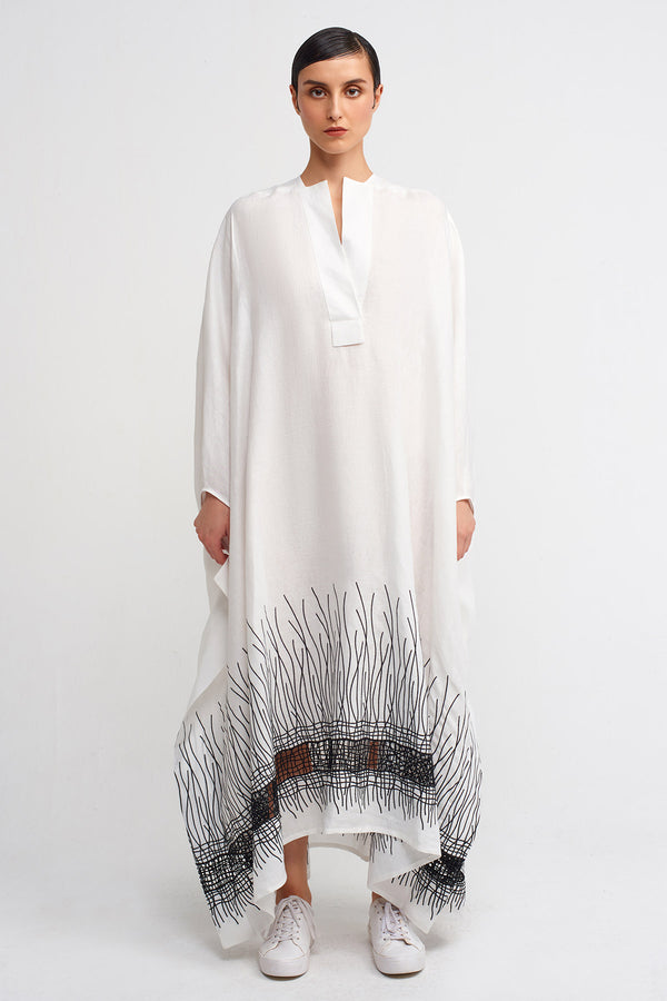 Nu Embroidered Hem Long Kaftan Dress Off White/Black