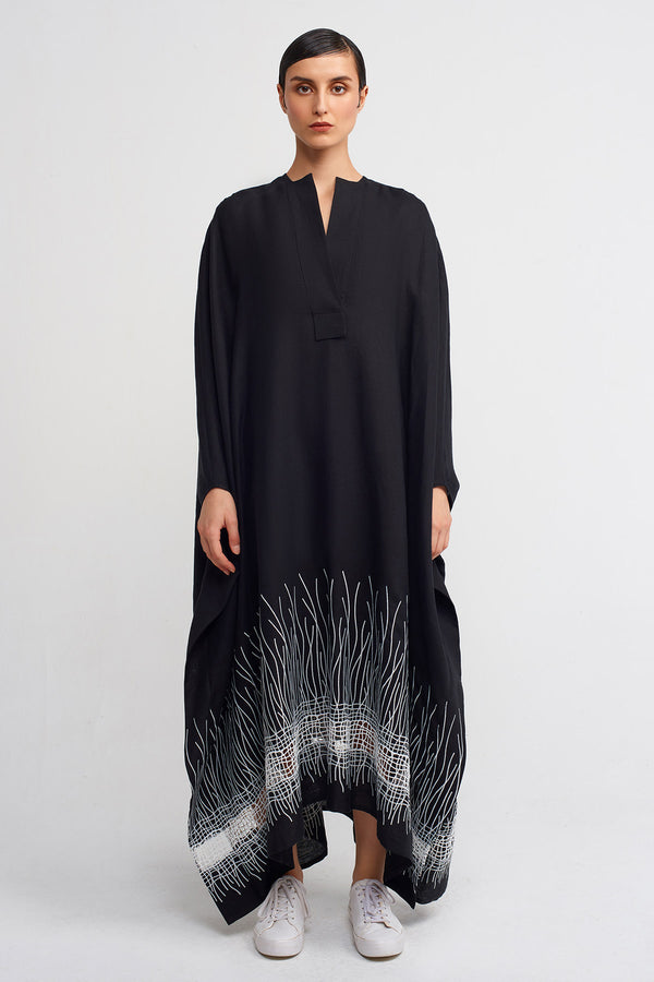 Nu Embroidered Hem Long Kaftan Dress Black/Offwhite