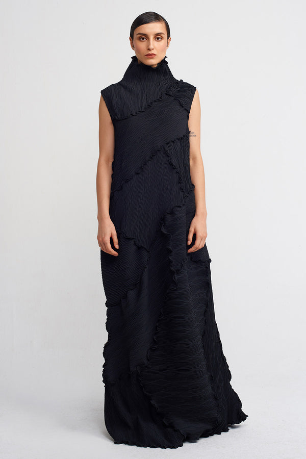 Nu Stitch-Detailed Pleated Long Dress Black