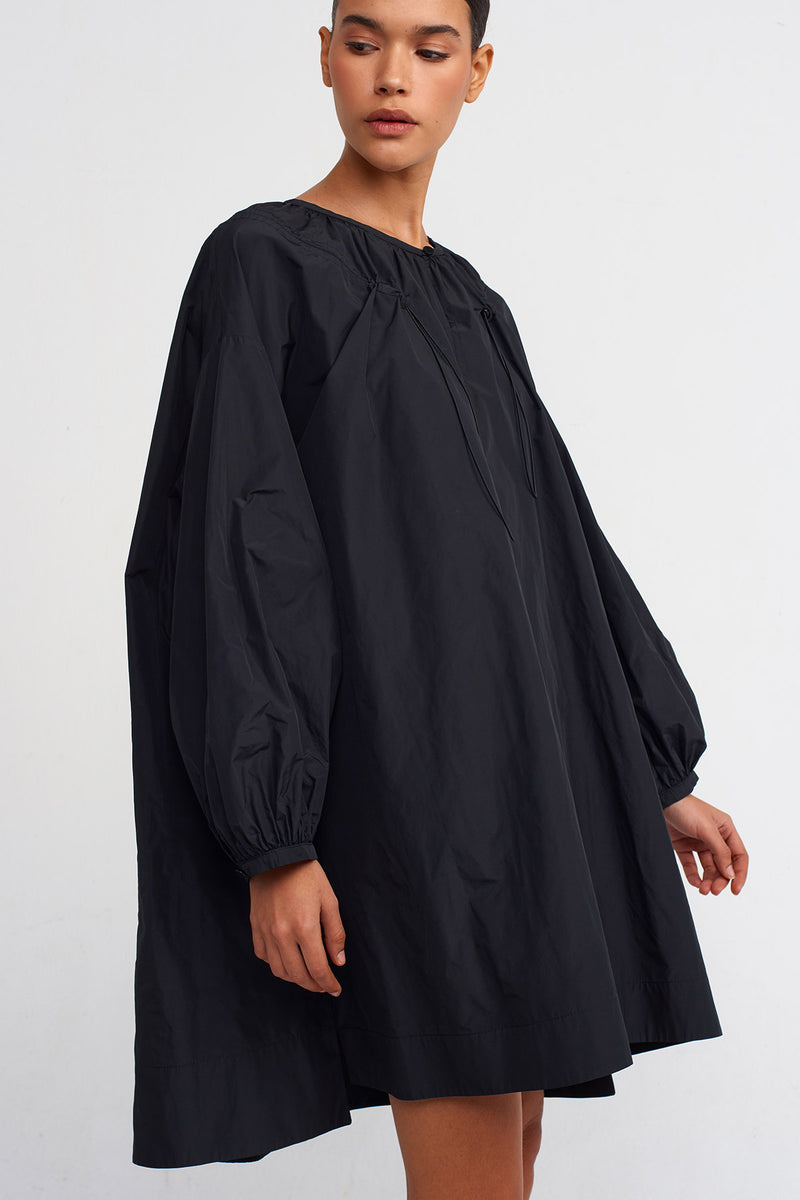 Nu Long Sleeve, Ruched Detail Short Taffeta Dress Black