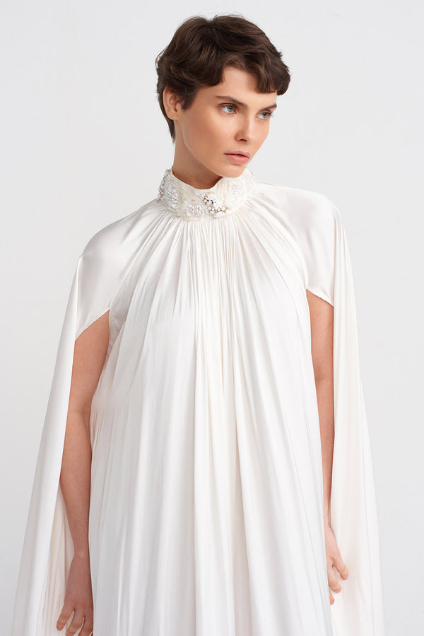 Nu Embroidered Collar, Cape Sleeve Elegant Long Dress Off White