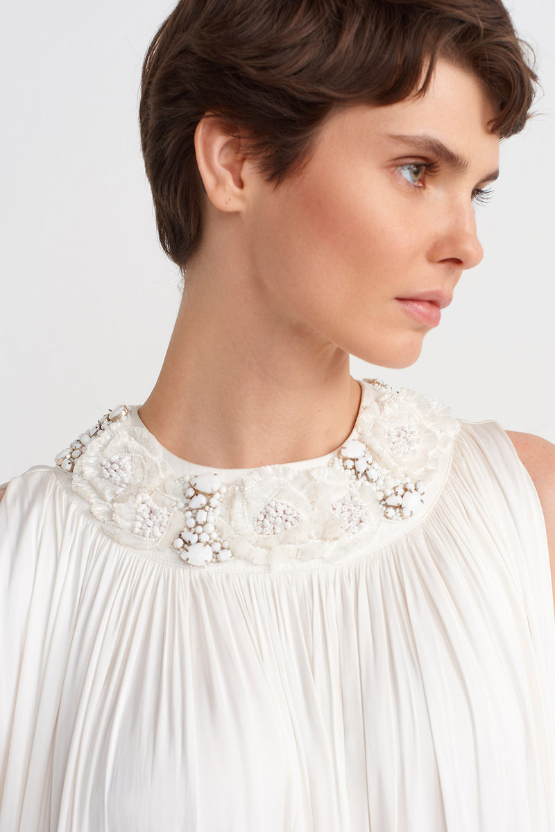 Nu Embroidered Collar, Long Elegant Dress Off White