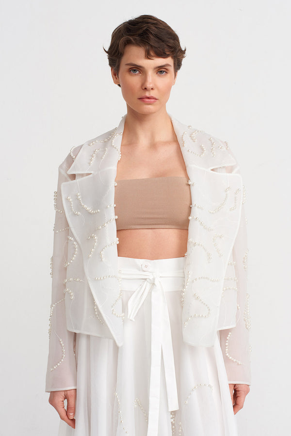 Nu Pearl-Embellished Crop Organza Jacket Off White