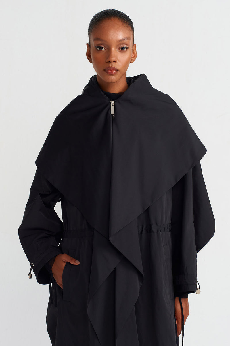 Nu Hooded Long Raincoat Black