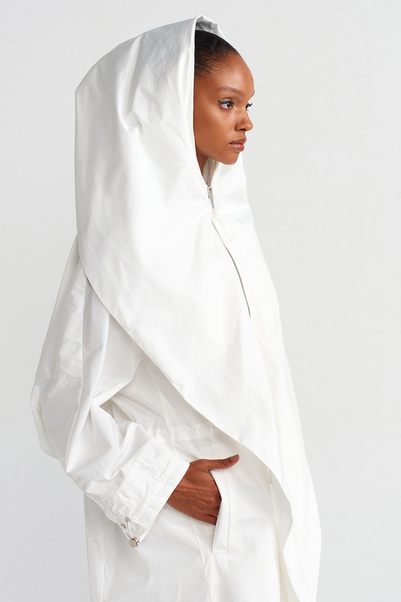 Nu Hooded Long Raincoat Off White