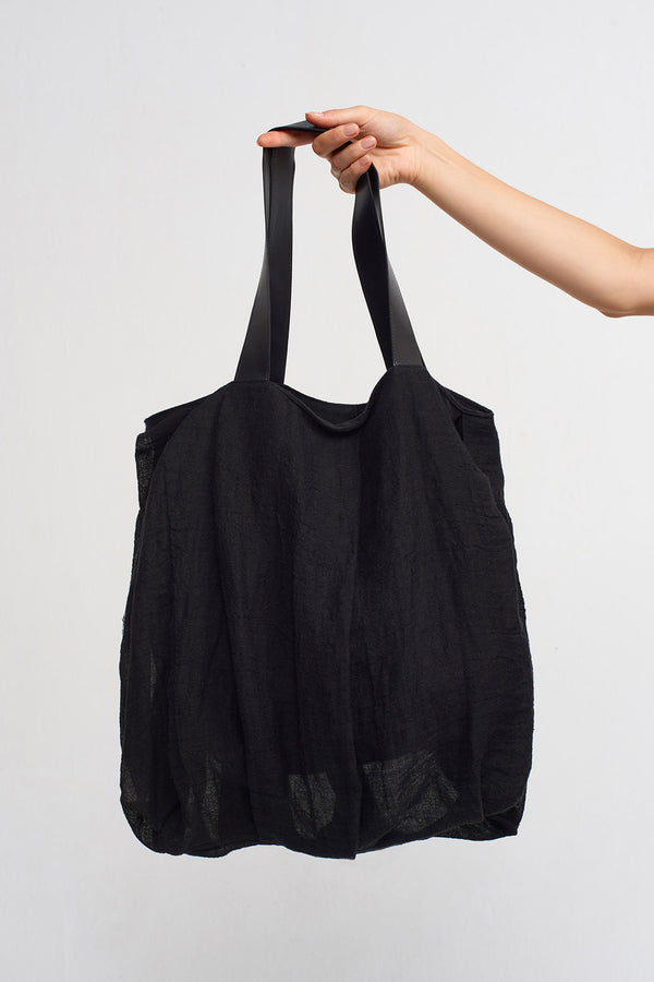 Nu Leather Handles Linen Shoulder Bag Black