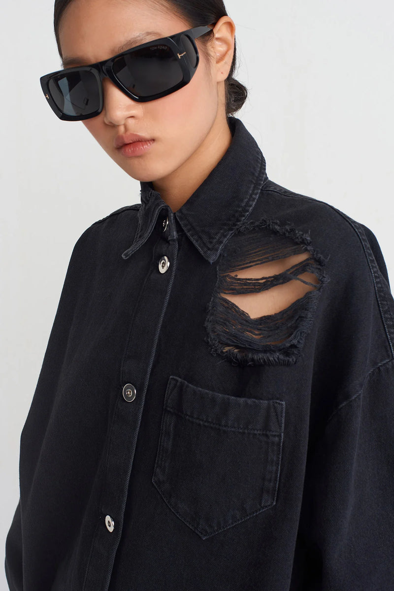 Nu Distressed Denim Shirt Black