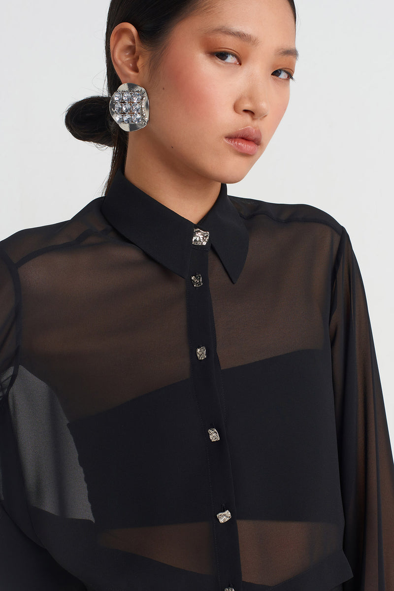 Nu Back-Lengthened Chiffon Shirt Black