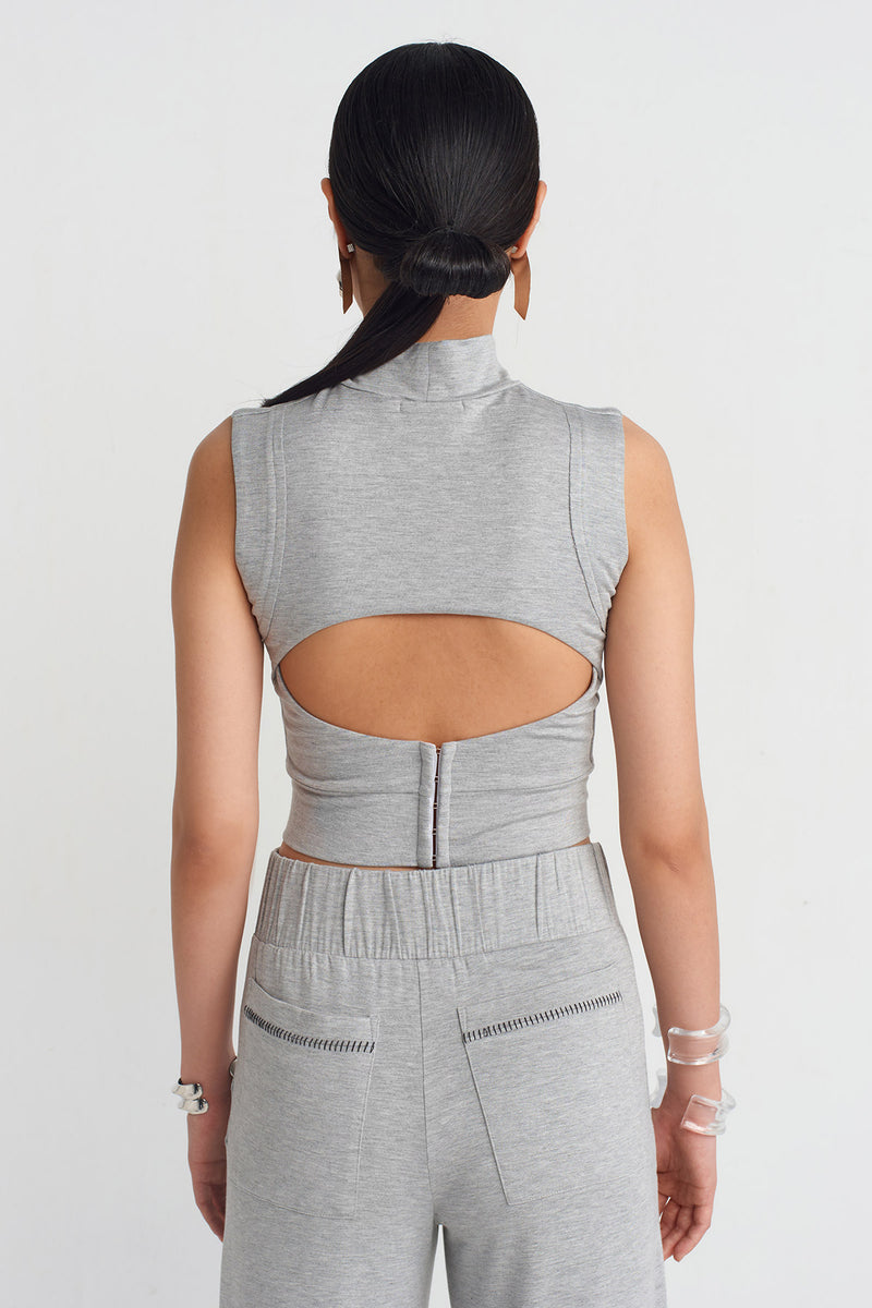 Nu Backless Crop Top Grey Melange