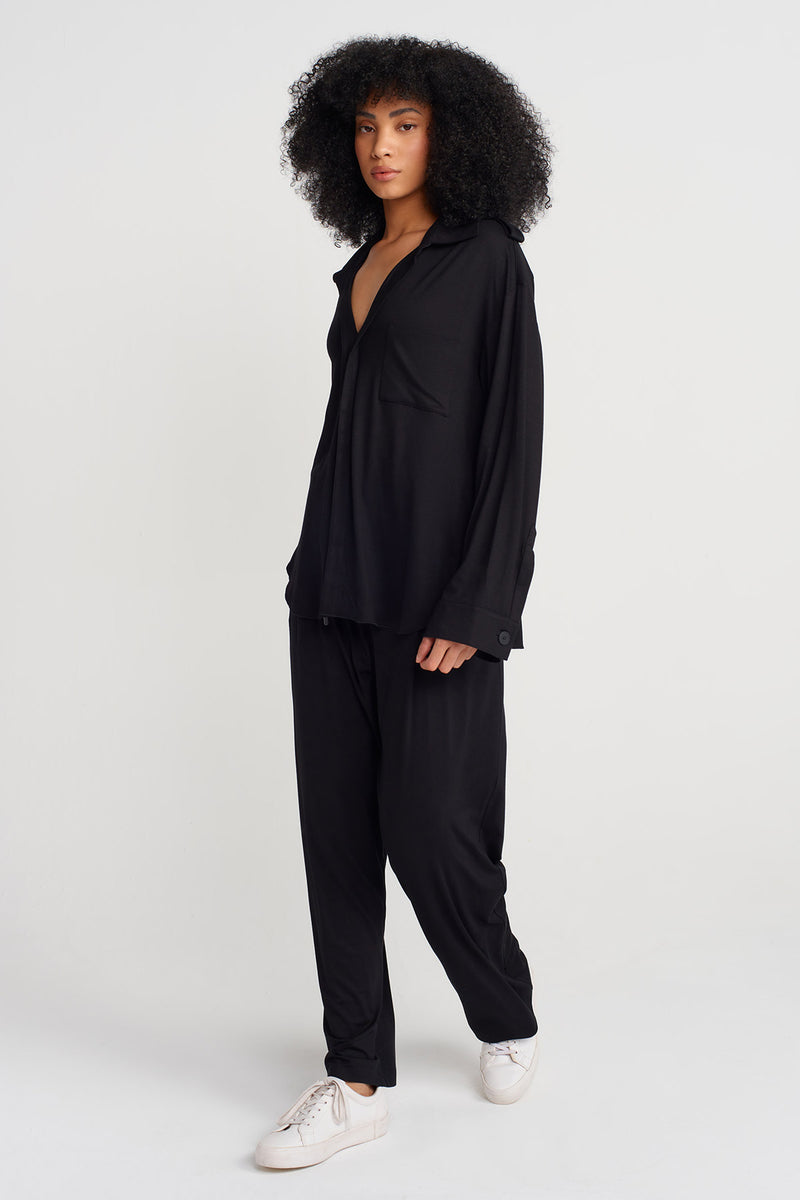 Nu V Shirt Collar Blouse Black