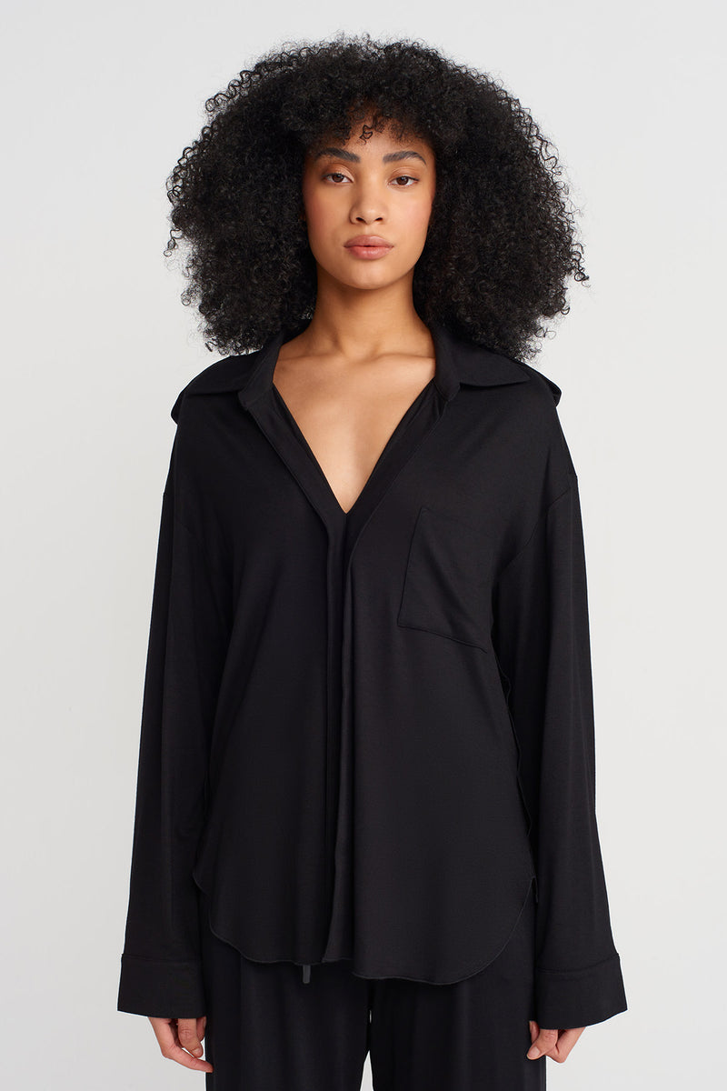 Nu V Shirt Collar Blouse Black