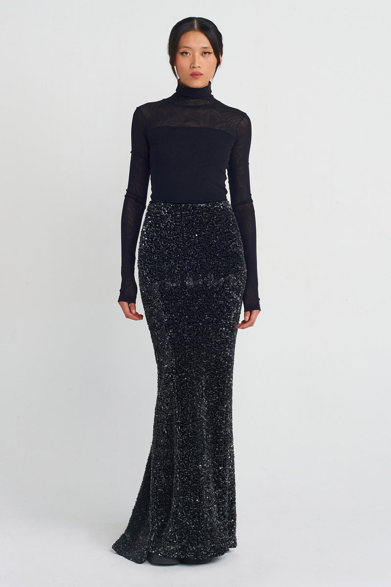 Nu Sequin Fish Tail Skirt Black