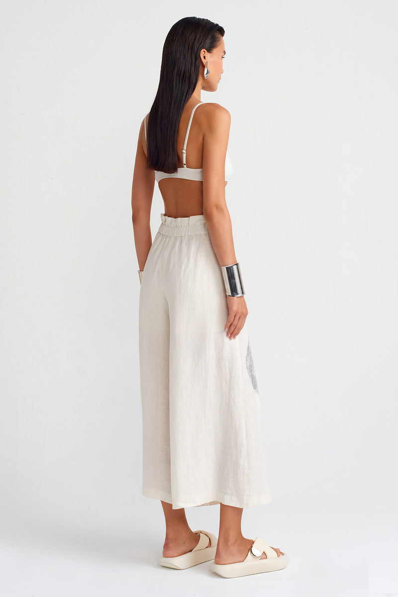 NU Silver Printed Linen Trousers Ecru