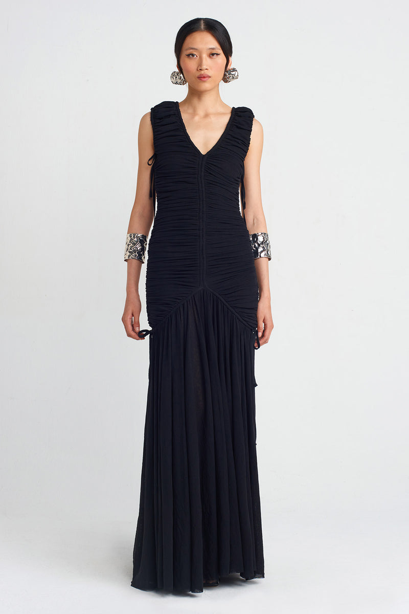 Nu Ruched Detail Long Dress Black