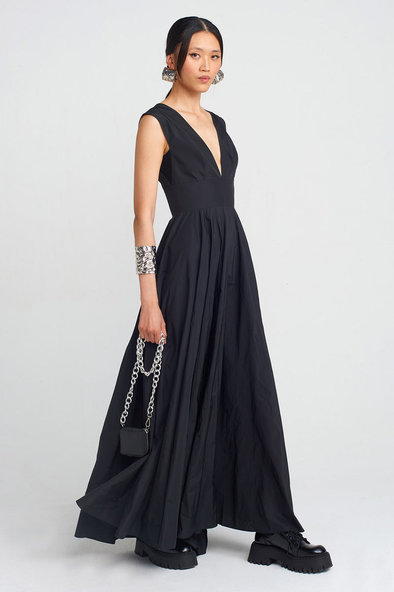 Nu V-Neck Taffeta Long Dress Black