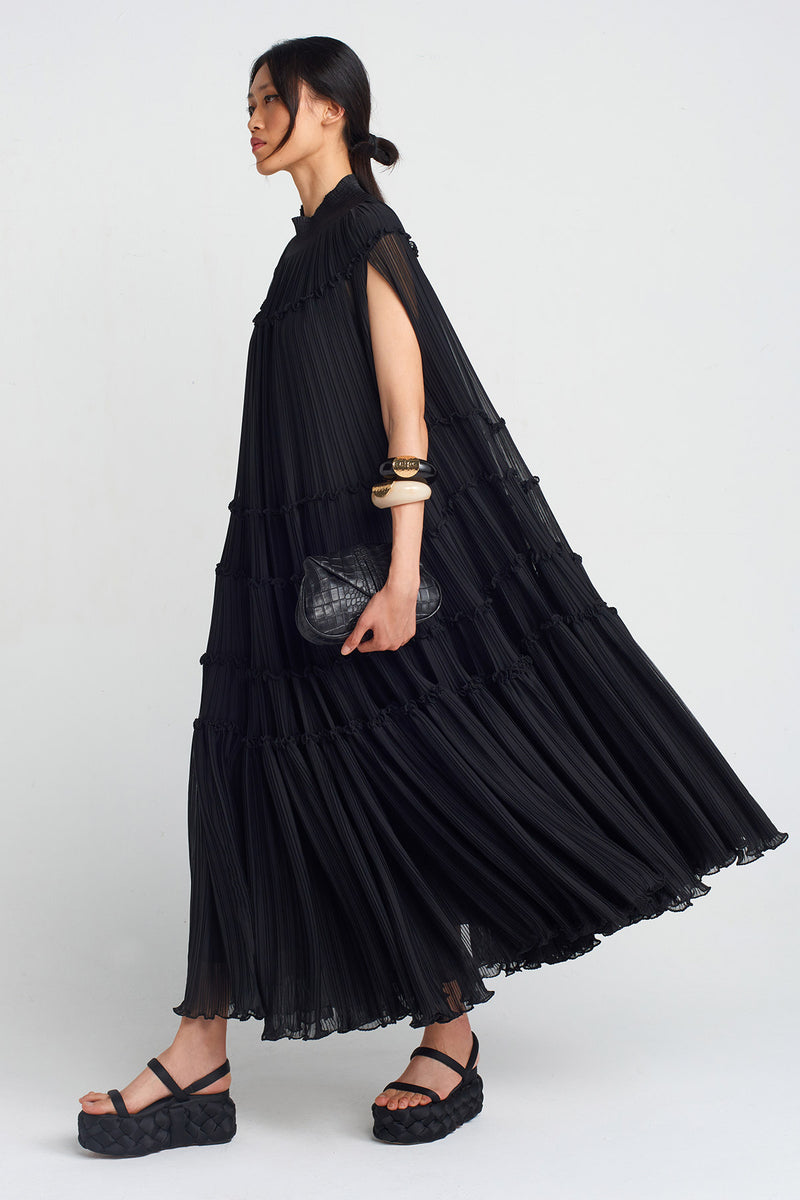 Nu Chiffon Pleated Long Dress Black