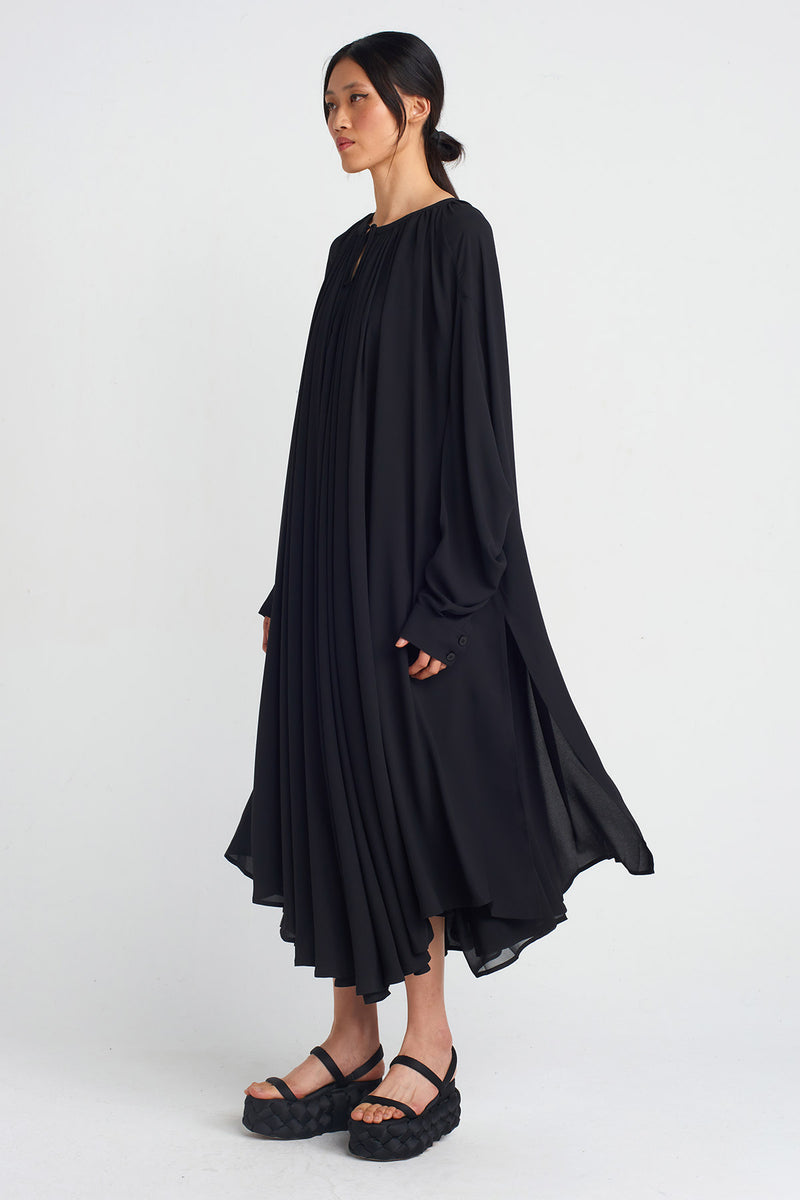 Nu Chiffon Long-Sleeve Midi Dress Black