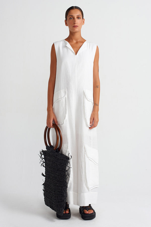 Nu Contrast Stitched Pocketed Linen Overalls Off White/Black