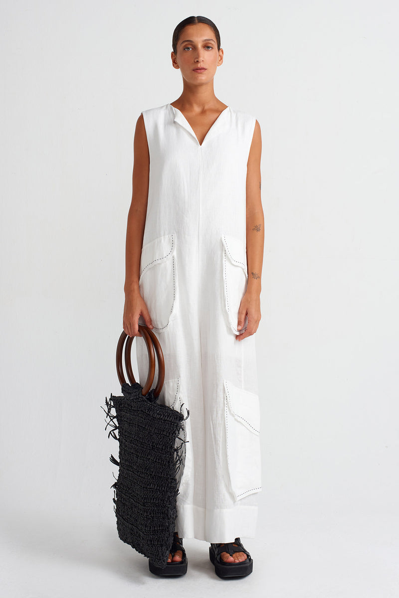 Nu Contrast Stitched Pocketed Linen Overalls Off White/Black