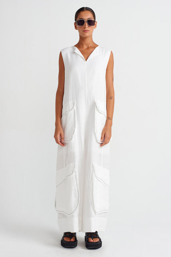 Nu Contrast Stitched Pocketed Linen Overalls Off White/Black