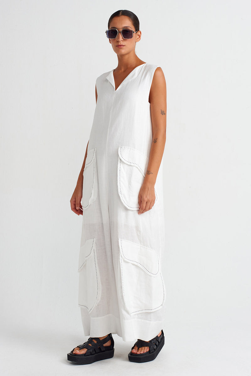 Nu Contrast Stitched Pocketed Linen Overalls Off White/Black