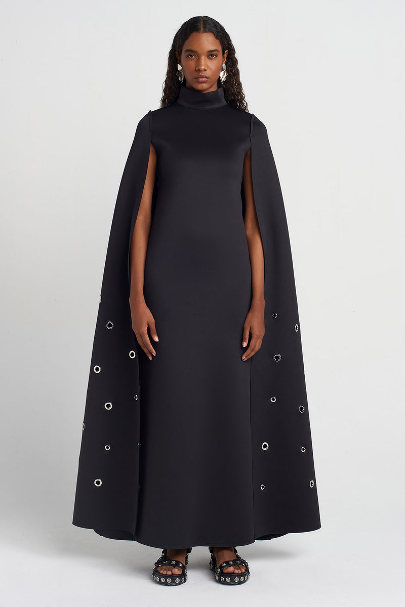 Nu Eyelet Detail Cape Dress Black