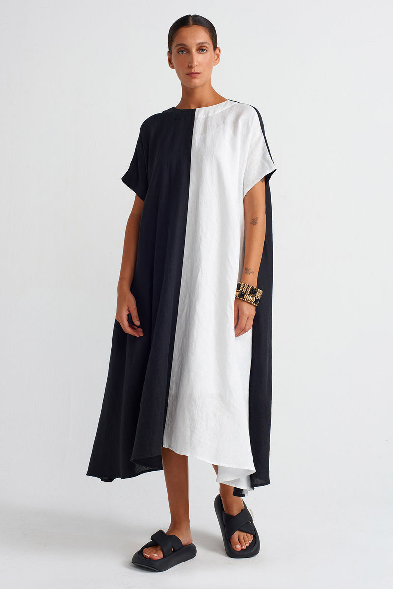 Nu Color Block Linen Dress Black/Offwhite
