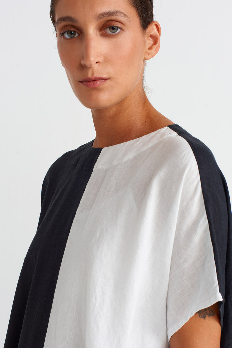 Nu Color Block Linen Dress Black/Offwhite