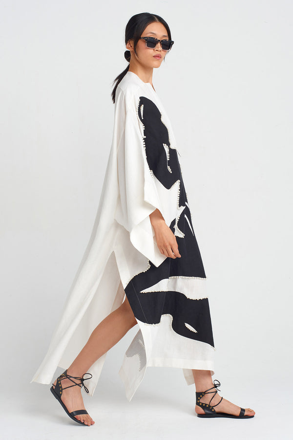 Nu Printed And Pearl Embellished Kaftan Dress Off White/Black