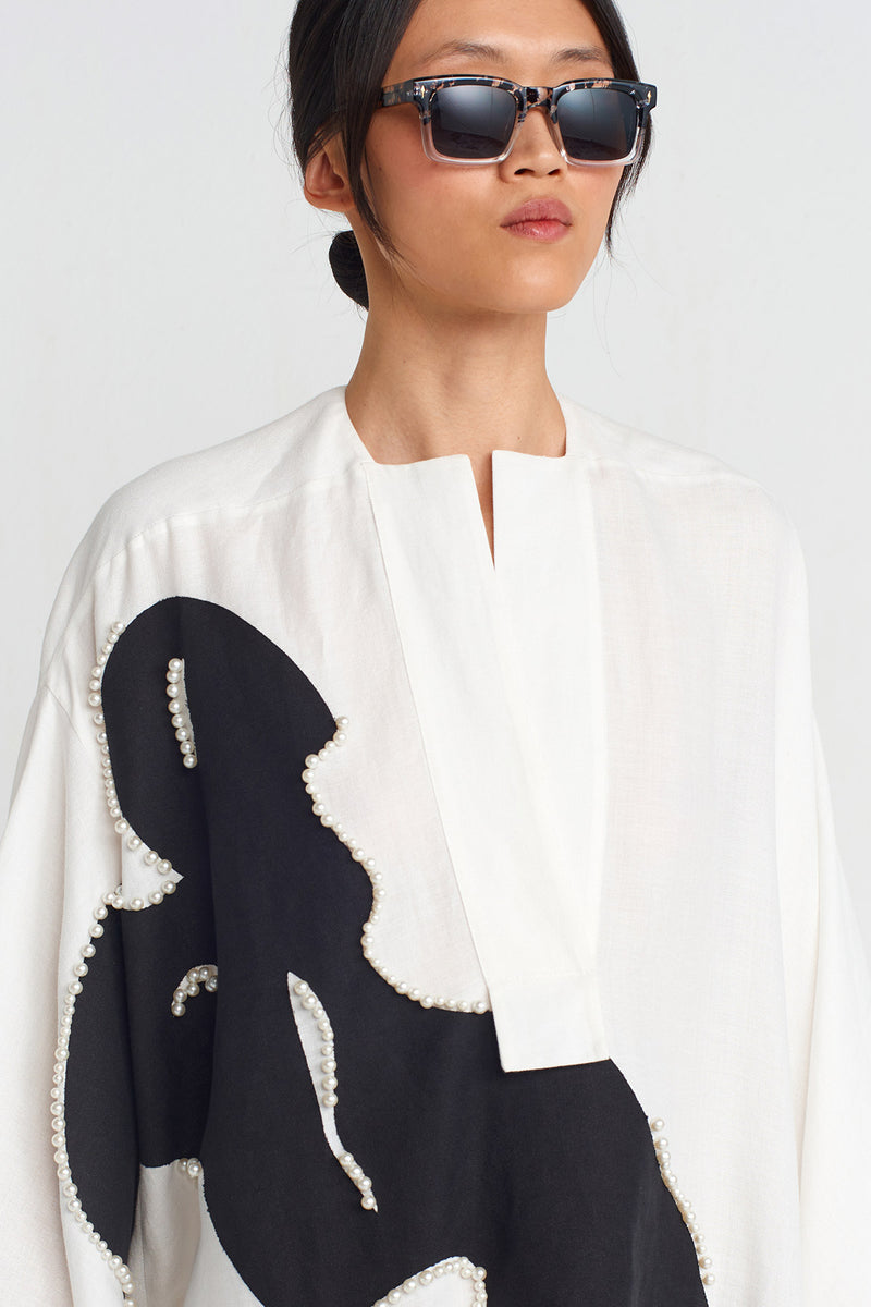 Nu Printed And Pearl Embellished Kaftan Dress Off White/Black