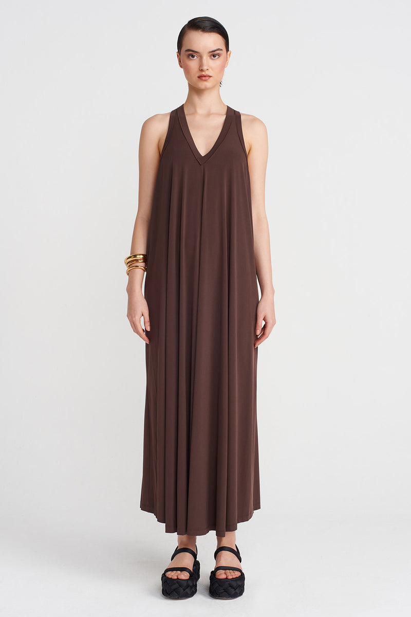 Nu V-Neck Long Jersey Dress Chocolate Brown