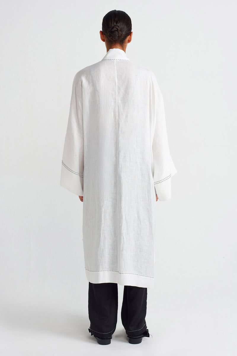 NU Contrast Stitched Pocket Linen Kimono Off White/Black