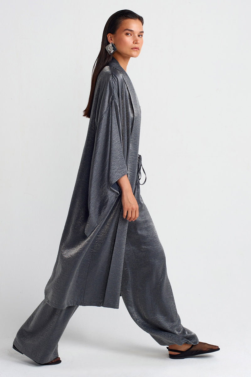 Nu Shiny Fabric Long Kimono Grey