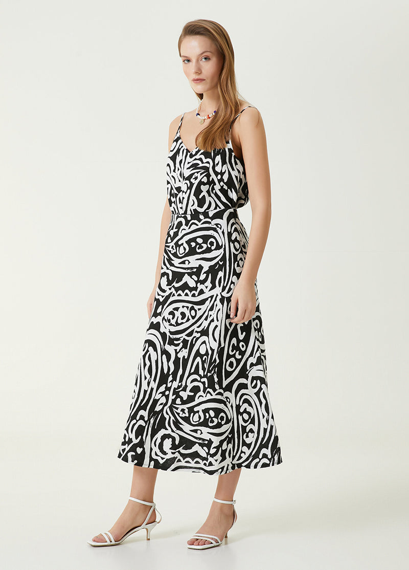 Beymen Club Paisley Patterned Long Linen Skirt Black/White