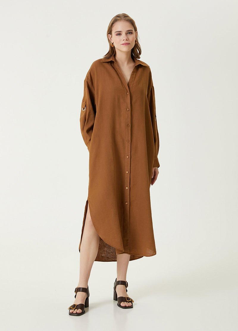 Beymen Club Linen Dress With Slit Detail  Camel