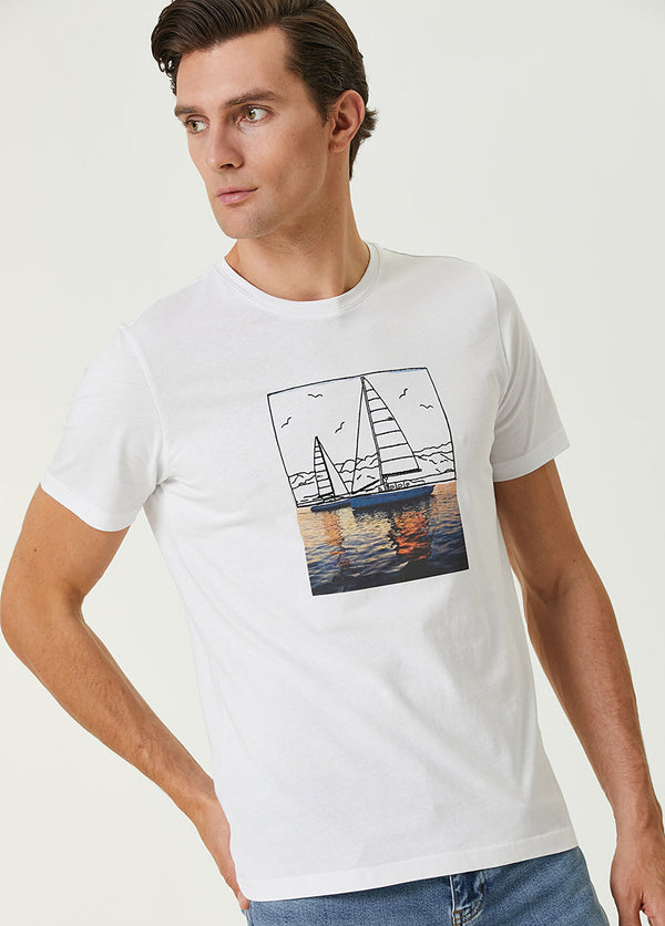 Beymen Club Men Sea Printed Sailing Embroidered T-Shirt White