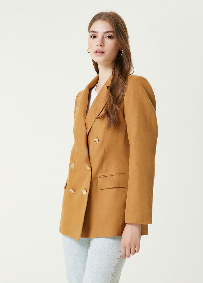 Beymen Club Double Breasted Linen Blazer Camel