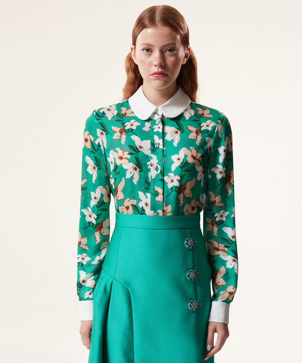 Machka Floral Pattern Blouse With Contrast Collar Green