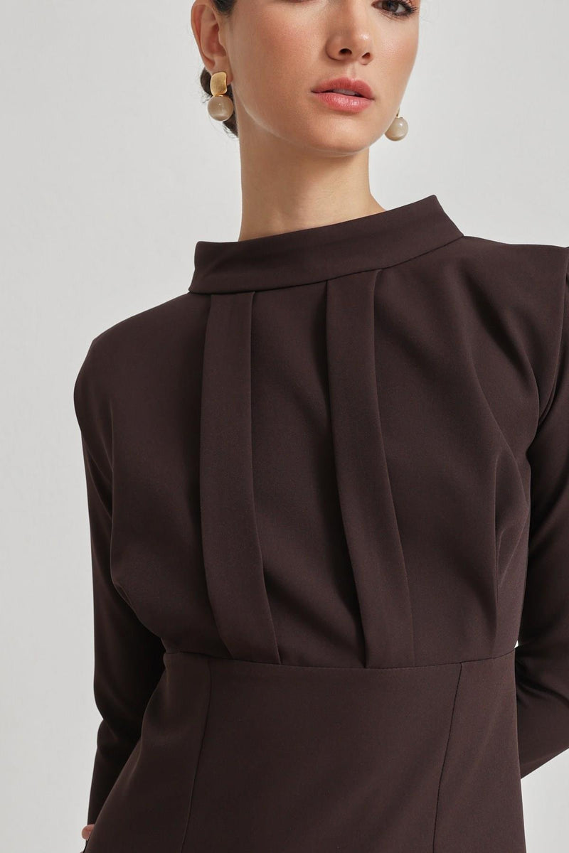 Setre Long Sleeve Dress With Draped Detail Coffee Brown